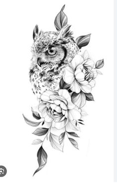 an owl and flowers tattoo design