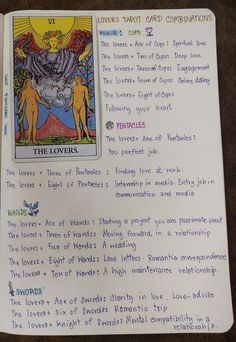 a handwritten tarot card containing the love's symbols and their meanings