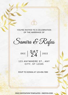 an elegant wedding card with gold leaves