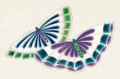 two colorful butterflies flying next to each other on a white surface with green and blue stripes