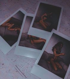 four polaroid photos of a woman sitting on a couch with her legs spread out