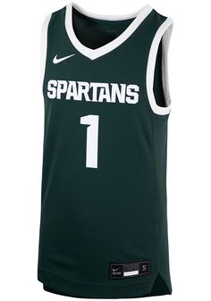 Get your little Spartans fan ready for the Michigan State Spartans game in this Green Youth Basketball Jersey. They'll be ready to hit the stands in this MSU Basketball Jersey, which features a screen print of "Michigan State" over number on front chest with number on back. Green Cotton Sports Jersey, Collegiate Cotton Jersey For Fan Gear, Collegiate Cotton Jersey For Fans, Team-colored Cotton Jersey For Fan Gear, Cotton Jersey With Team Logo, Green Cotton Sporty Jersey, Cotton Fan Apparel Jersey For Sports Events, Cotton Team Spirit Jersey For Sports, Cotton Team Spirit Sports Jersey