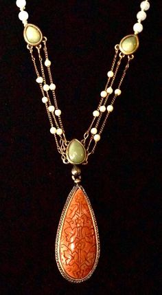 "This Vintage MONET design features pear shaped jade gem stones, hand-knotted white agate beads, faux pearl beads, and an ivy vine engraved rust jasper teardrop pendant in a bronze bezel setting. Very Boho Nature style. Great for summer! There is a tag on the necklace: MONET The total necklace length measures 19-1/2\" L Necklace hangs approx. 10-1/2\" L Pendant: 1-3/4\"L × 3/4\" W" L Necklace, Boho Nature, Ivy Vine, Boho Style Necklaces, Nature Style, Vintage Monet, White Agate, Teardrop Pendant, Wedding Jewellery Necklace