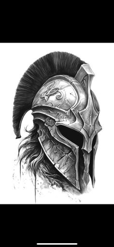 a black and white drawing of a roman soldier's helmet with feathers on it