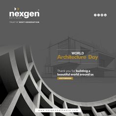 the website for nexgen architecture day is shown in black and white, with yellow accents