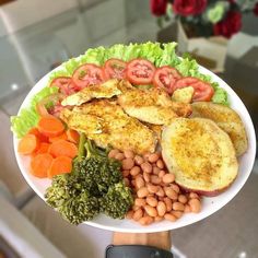 a person holding a plate full of food with meat, beans, tomatoes and broccoli