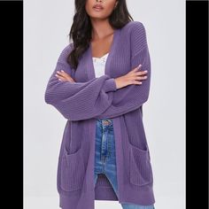 Open-Front Cardigan Sweater In Purple Size: Small Ribbed Knit Cardigan Sweater Featuring An Open Front, Dropped Long Sleeves, And Front Patch Pockets. 100% Cotton Hand Wash Cold Model Is 5'7.5" And Wearing Small Trendy Forever 21 Spring Cardigan, Trendy Long Sleeve Sweater By Forever 21, Trendy Long Sleeve Sweater From Forever 21, Forever 21 Long Sleeve Fall Sweater, Forever 21 Trendy Long Sleeve Sweater, Forever 21 Long Sleeve Sweater For Fall, Trendy Winter Cardigan By Forever 21, Trendy Long Sleeve Cardigan By Forever 21, Trendy Long Sleeve Cardigan From Forever 21