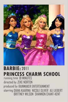 barbie princess charm school poster with three girls in dresses and tiaras, one is wearing a