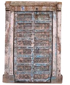 an old wooden door with metal bars on the bottom and sides, isolated against a white background