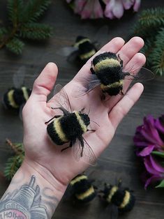 two bums that are sitting on someone's hand next to some purple flowers