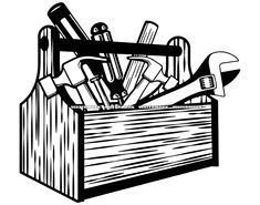 a toolbox filled with tools and wrenches in black and white ink on a white background