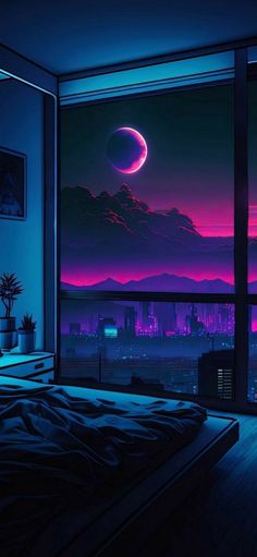 a bedroom with a large window overlooking the city at night and an eclipse in the sky