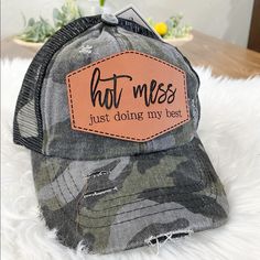 Cc Criss Cross High Ponytail Mesh Back Hat Black Camo Distressed Leatherette (Faux Stitching) Hat Embroidery Machine, Criss Cross Ponytail, Womens Ball Caps, Jeep Hair, Custom Trucker Hats, Denim Baseball Cap, Blue Beanie, Machine Embroidery Projects, High Ponytail