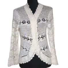 Crochet/Knitted, One Of A Kind Sweater. High Fashion. Absolutely Stunning And One Of Kind! New, In Perfect Condition. Size: Womens Us 12 Condition: New Without Tags Elegant White Knitted Outerwear, Elegant Crochet Top For Spring, Long Sleeve Knit Cardigan With Crochet Lace, Elegant Crochet Knit Top, Long Sleeve Crochet Lace Knit Cardigan, Elegant Fitted Knitted Sweater, Elegant White Knit Outerwear, Elegant Long Sleeve Open Knit Sweater, Elegant Fitted White Sweater