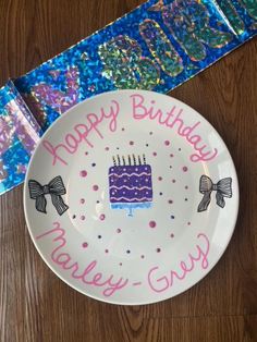 a happy birthday plate with a cake on it