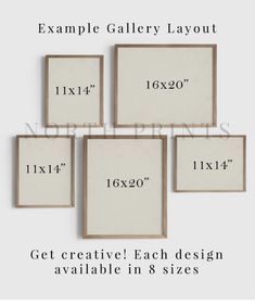 four framed canvass with measurements for each size and the text, example gallery layout