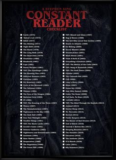 a poster with the words constant reader checklist in red and black on a black background