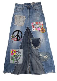 a pair of jean shorts with patches and peace signs on the side, all in different colors