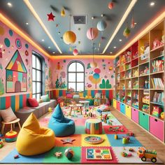 the children's playroom is brightly decorated with colorful furniture and accessories, including toys