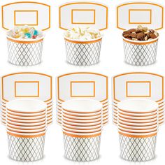 a set of twelve orange and white plastic cups with dividers on each one side