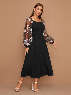 Black Elegant  Long Sleeve Polyester Floral A Line Embellished Slight Stretch Spring/Fall Women Dresses Frock For Women, Mesh Maxi Dress, Lantern Sleeve Dress, Shein Dress, فستان سهرة, Frock Design