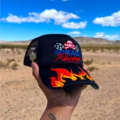 No Magik Racing Flame Trucker Hat Black Brand New Black Visor Trucker Hat For Outdoor, Black Trucker Baseball Cap With Visor, Black Curved Brim Hats For Races, Black Hat With Short Brim For Streetwear, Black Short Brim Hat For Streetwear, Black Trucker Hat For Sports With Short Brim, Black Trucker Hat With Short Brim For Sports, Black Trucker Hat With Short Brim For Streetwear, Brown Fedora