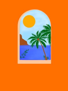 an orange wall with a palm tree and the ocean seen through a round window frame