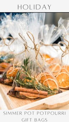 some oranges and spices are wrapped in plastic bags on a wooden table with text overlay