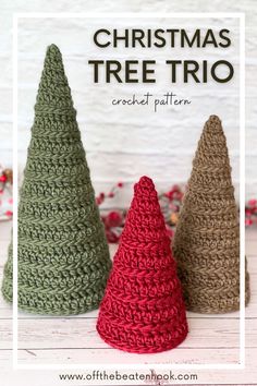 three crocheted christmas trees with text overlay that reads, christmas tree trio