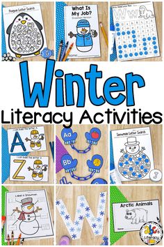 winter activities for kids with the words winter written on them and pictures of animals, snowmen