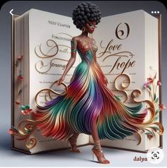 a woman in a colorful dress standing next to an open book with the words love hope on it