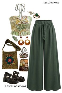 Earth Tones Casual Outfit, Earthy Feminine Outfits, Earth Tones Summer Outfits, Basic Bohemian Outfits, Hippie Wide-leg Bottoms For Spring, Soft Hippie Outfits, Hippy Outfits 70s, Fairy Hippie Outfits, Hippie Wide-leg Summer Bottoms