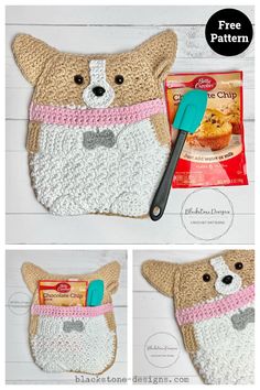 a crocheted teddy bear with a pink and white collar holding a blue spatula