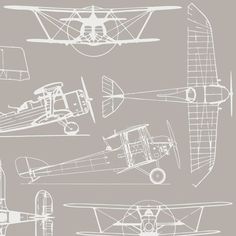 an old fashioned airplane is shown in white on a gray background, with other planes behind it