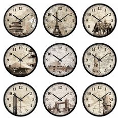 six clocks with different pictures of the world on them, each showing different countries and cities