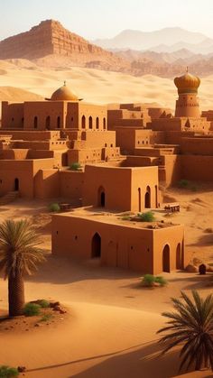 an adobe village in the desert with palm trees