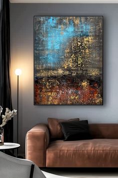 Abstract textured canvas art: Original handmade painting with brown, blue and gold tones creating a moody, textured landscape Large Scale Artwork, Art Brown, Textured Canvas, Textured Canvas Art, Canvas Texture, Texture Painting