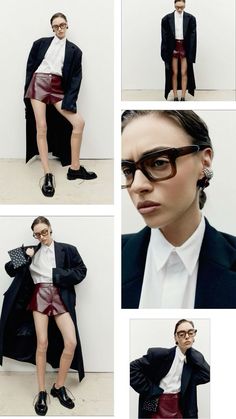 a collage of photos showing a woman in glasses and a man in a suit