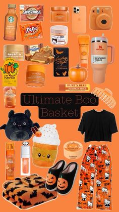 an orange poster with various items on it and the words ultimate boo basket written in black