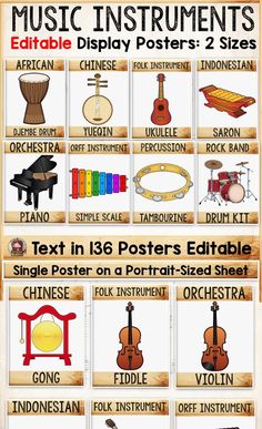 the poster shows different types of musical instruments and their corresponding names in english or spanish