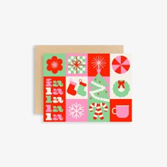 a christmas card with various holiday items on the front and back, including stockings, snowflakes, santa's hat, candy canes