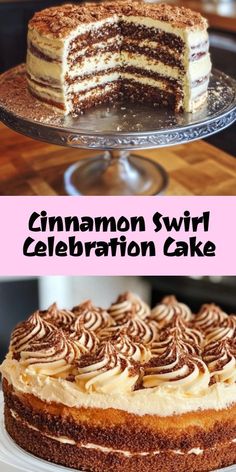 cinnamon swirl celebration cake on a plate with the words cinnamon swirl celebration cake above it