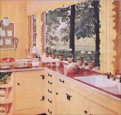 an old fashioned kitchen with lots of counter space and flowers on the window sill