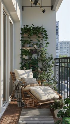 a balcony with plants and chairs on it