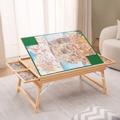 a coffee table with a map on it