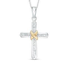 A shimmering look, this diamond cross pendant combines faith and fashion. Crafted in 14K two-toned gold, the white gold cross is lined with sparkling channel-set diamonds and is wrapped at the center with a yellow gold "x". Radiant with 1/4 ct. t.w. of diamonds and a bright polished shine, this pendant suspends along an 18.0-inch cable chain that secures with a spring-ring clasp. White Cross Necklace With Diamond Accents, White Cross Necklace With Diamond Accents Fine Jewelry, White Fine Jewelry Cross Necklace For Anniversary, Diamond Cross Pendants, Diamond Cross, Channel Set, Gold Cross, Diamond Stone, Diamond Clarity