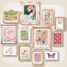 there are many framed pictures on the wall with flowers and butterflies in them as well