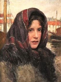 a painting of a woman wearing a fur coat and scarf with boats in the background