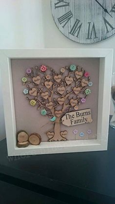 a family tree made out of buttons in a white frame with the words the burns family written on it