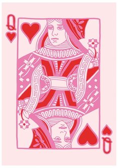 a pink and red playing card with hearts on the back, in front of a white background